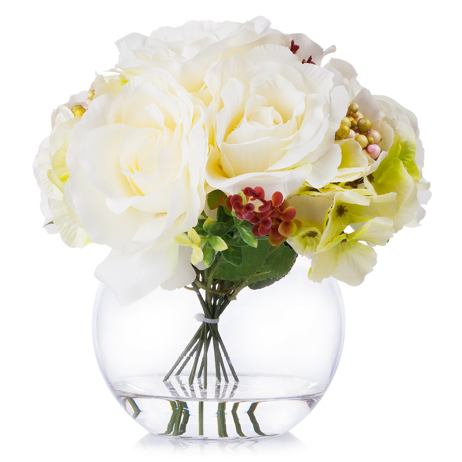 Rose and Hydrangea Silk Flower Arrangement in Round Glass Vase with Faux Water
