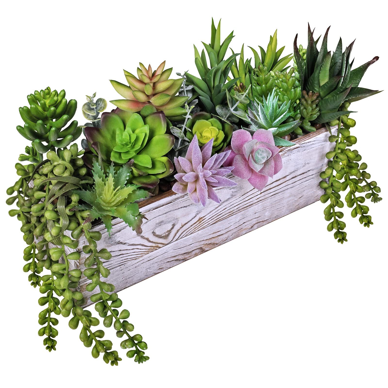 19 PCS Assorted Artificial Succulents Rectangular Wooden Pot Planter Center