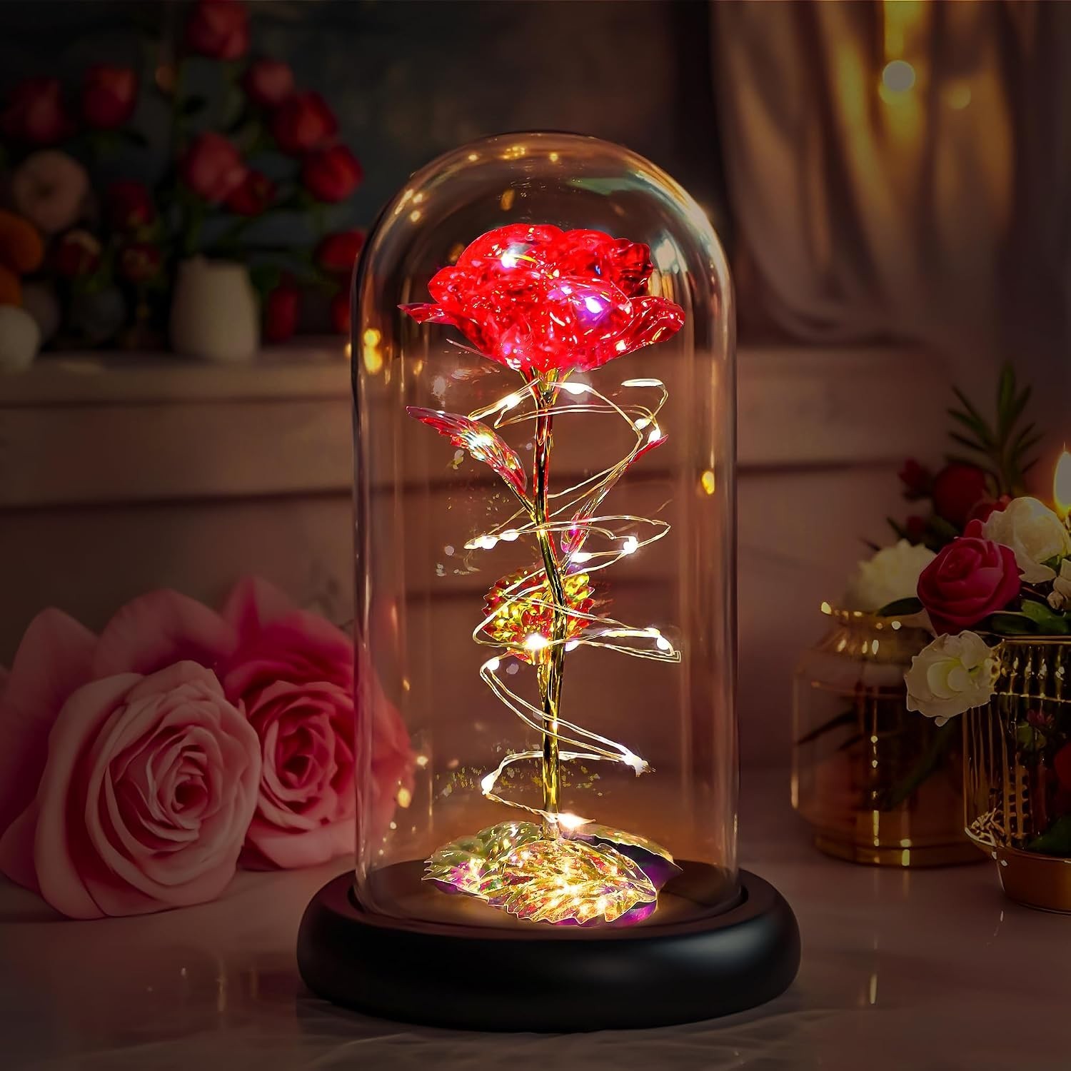 Eternal Red Rose in Glass Dome with LED Lights – Perfect Gift for Any Occasion
