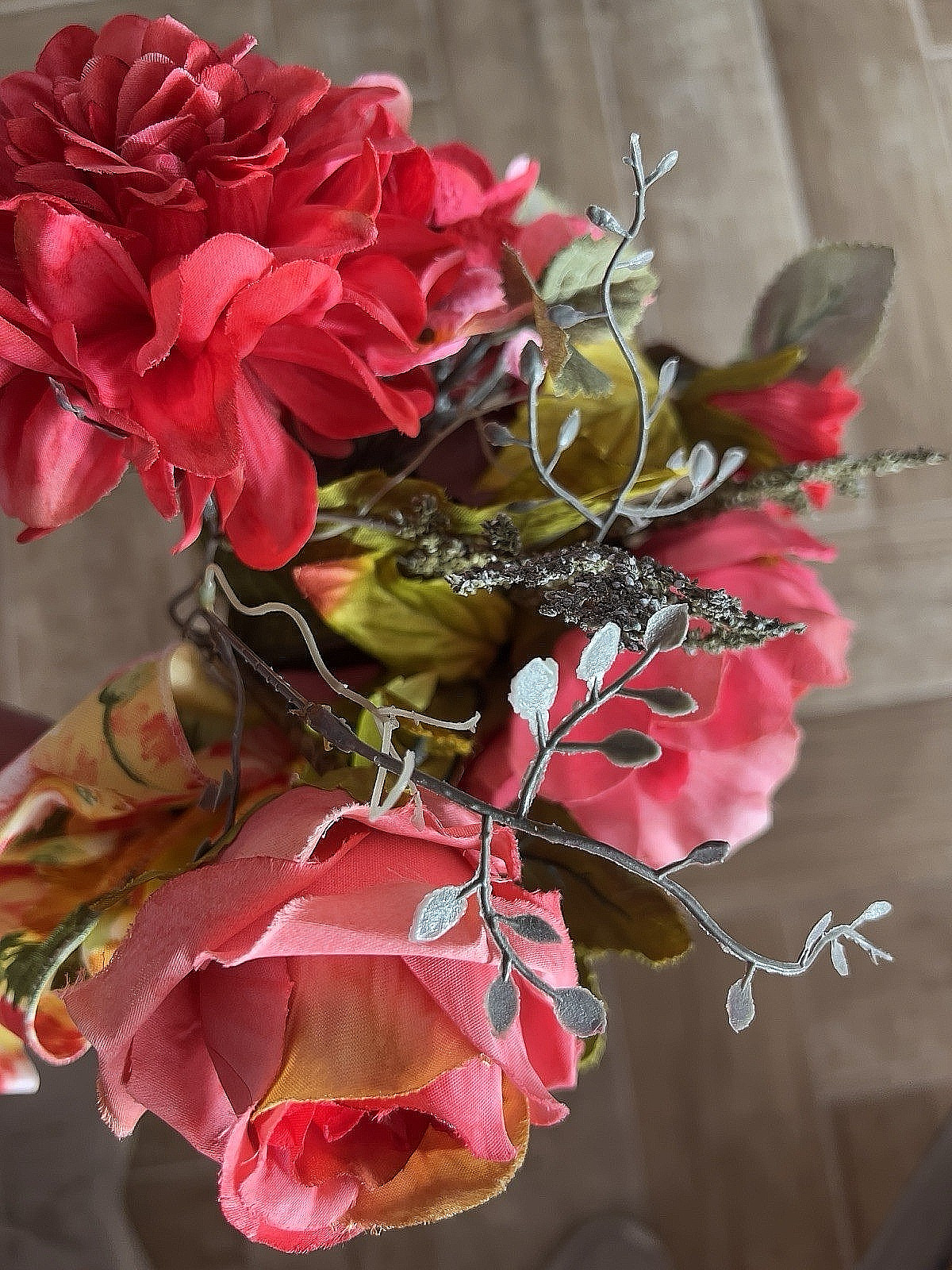 SPRING Flower BOUQUET Handmade Bow Coral Red Yellow Purple Peony Rose Zinnia