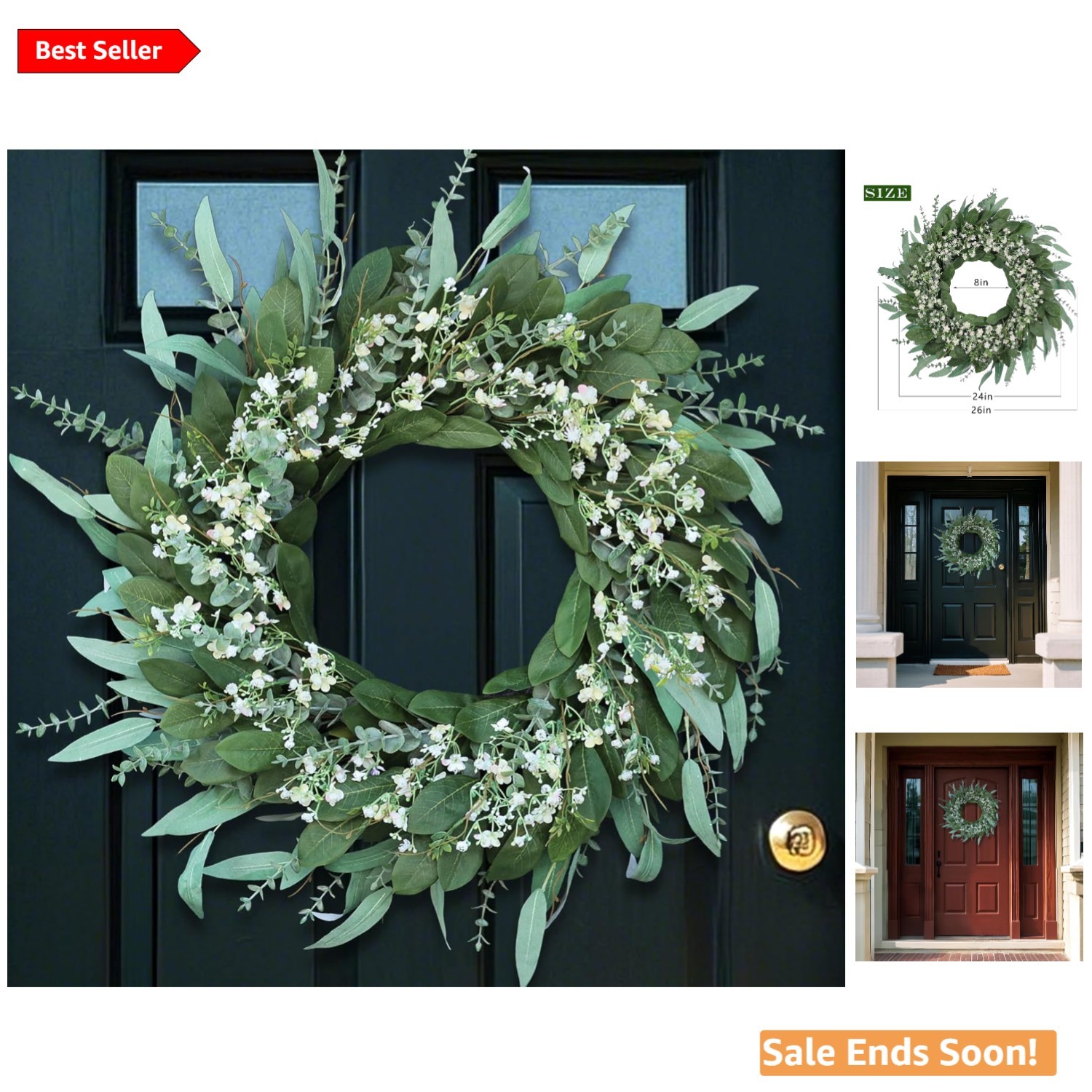 26-Inch Eucalyptus and Babys Breath Wreath for Front Door All-Season Indoor O…