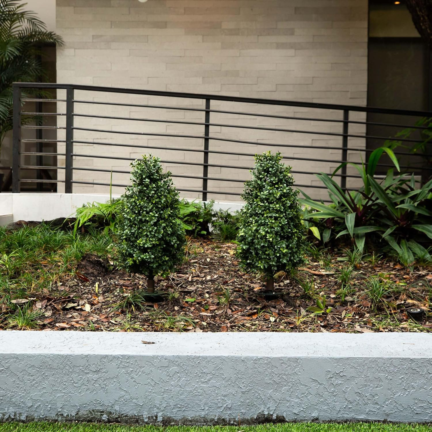 2.5 Ft Artificial Boxwood Plants, Set of 2, UV Resistant with Integrated Ground