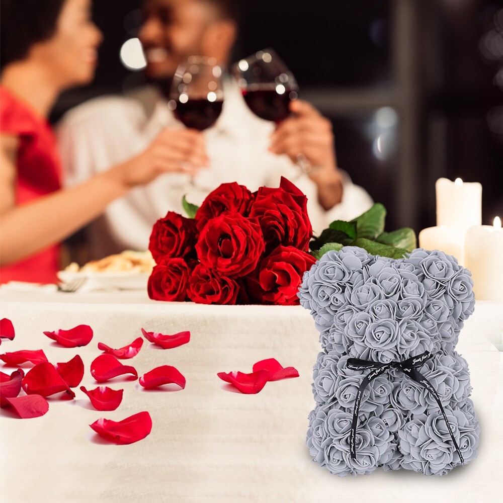 2023 Gray Rose Flower Teddy Bear with Gift Box (25cm)Valentines & Birthday Party