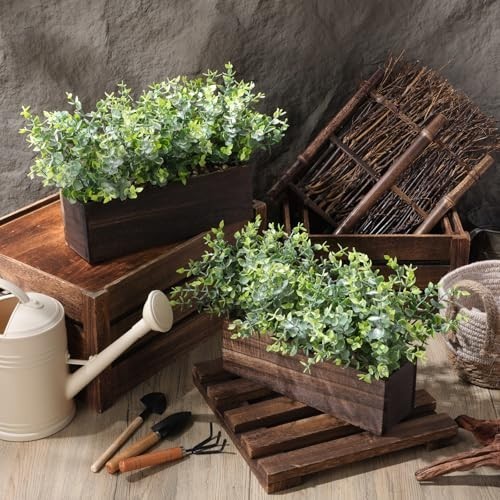 Artificial Eucalyptus Plant Set 2 Pack in Wooden Planter Box Rustic Farmhouse