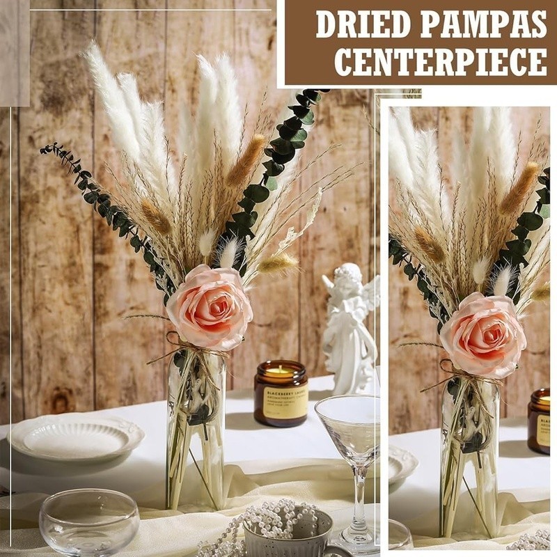 Dried Pampas Grass Arrangement W/ Artificial Roses Glass Jars Bohemian Decor Set