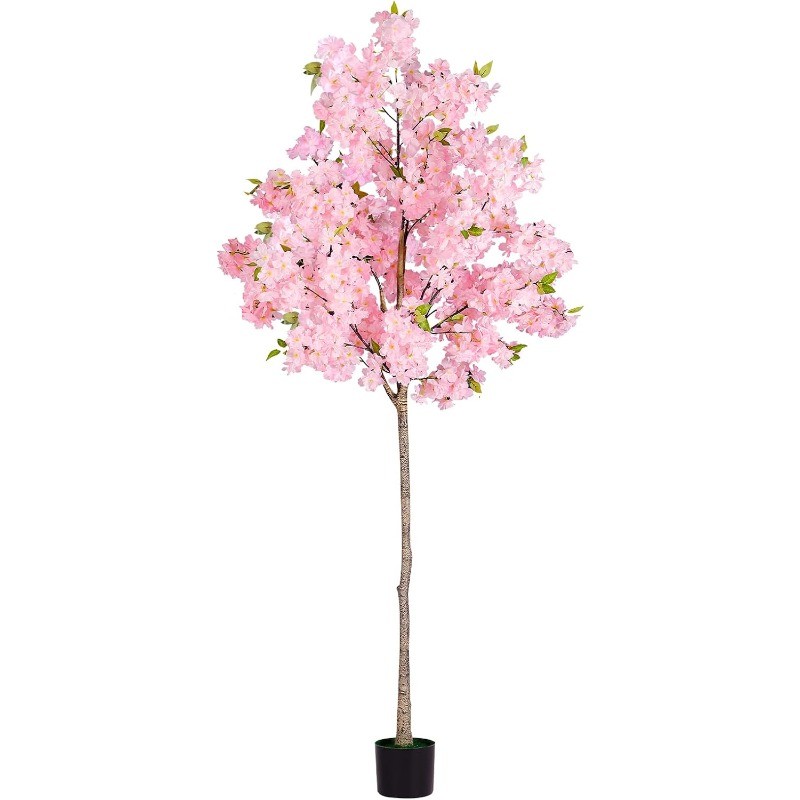 6FT Pink/White Cherry Blossom Artificial Tree, Fake Tree w/Plastic Nursery Pot