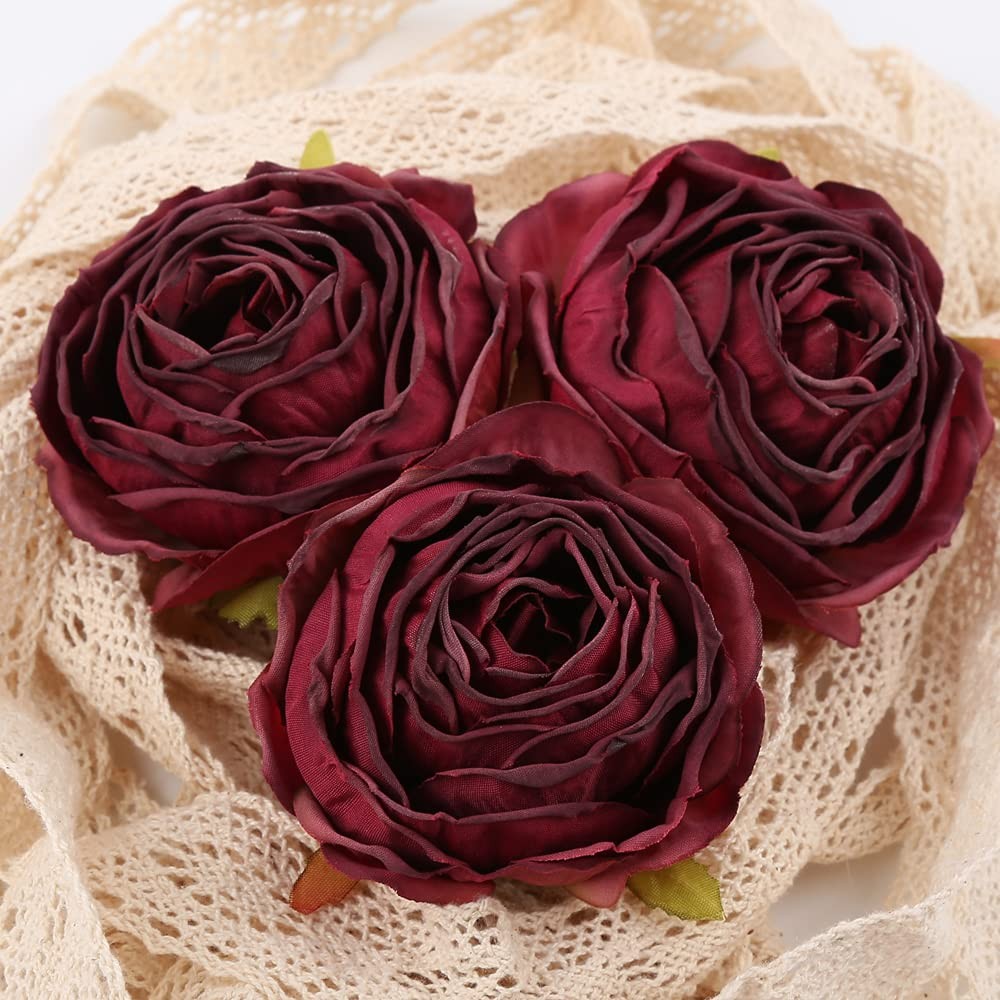 IPOPU Burgundy Artificial Flowers Roses Heads 25pcs Fake Dried for Decoration
