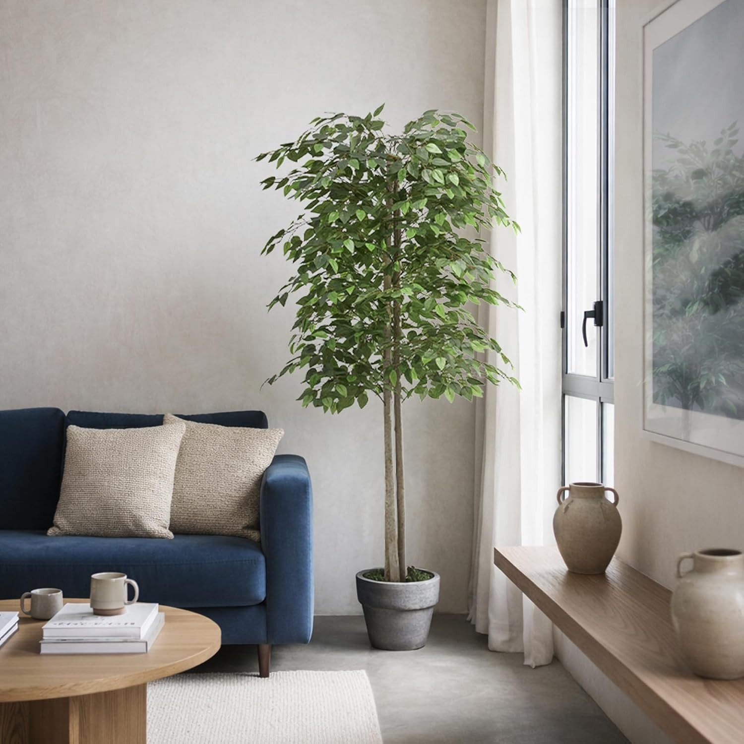 Tall Faux Ficus Plants 6ft Pre Potted with Wood Chips for Home and Office Decor