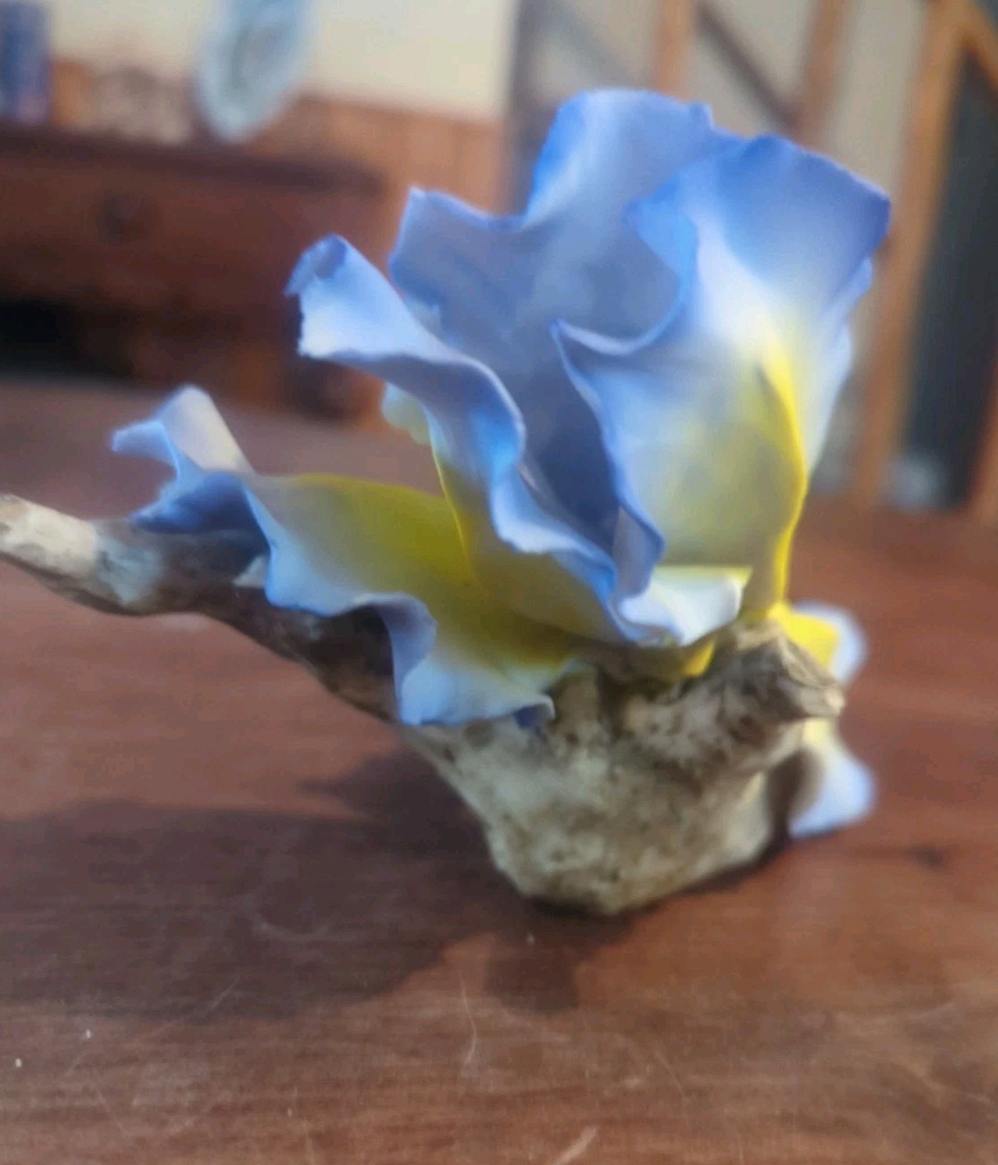 Vintage Blue Yellow Iris Fabar Capodimonte Porcelain Italy Flower Sculpture