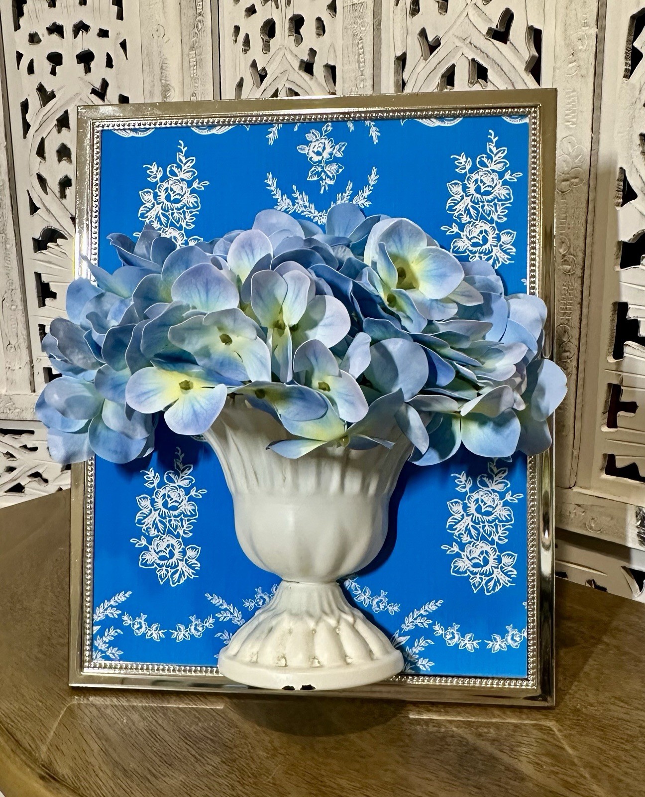3D Artistry Handmade Blue Hydrangeas in Distressed Metal Urn Framed Florals