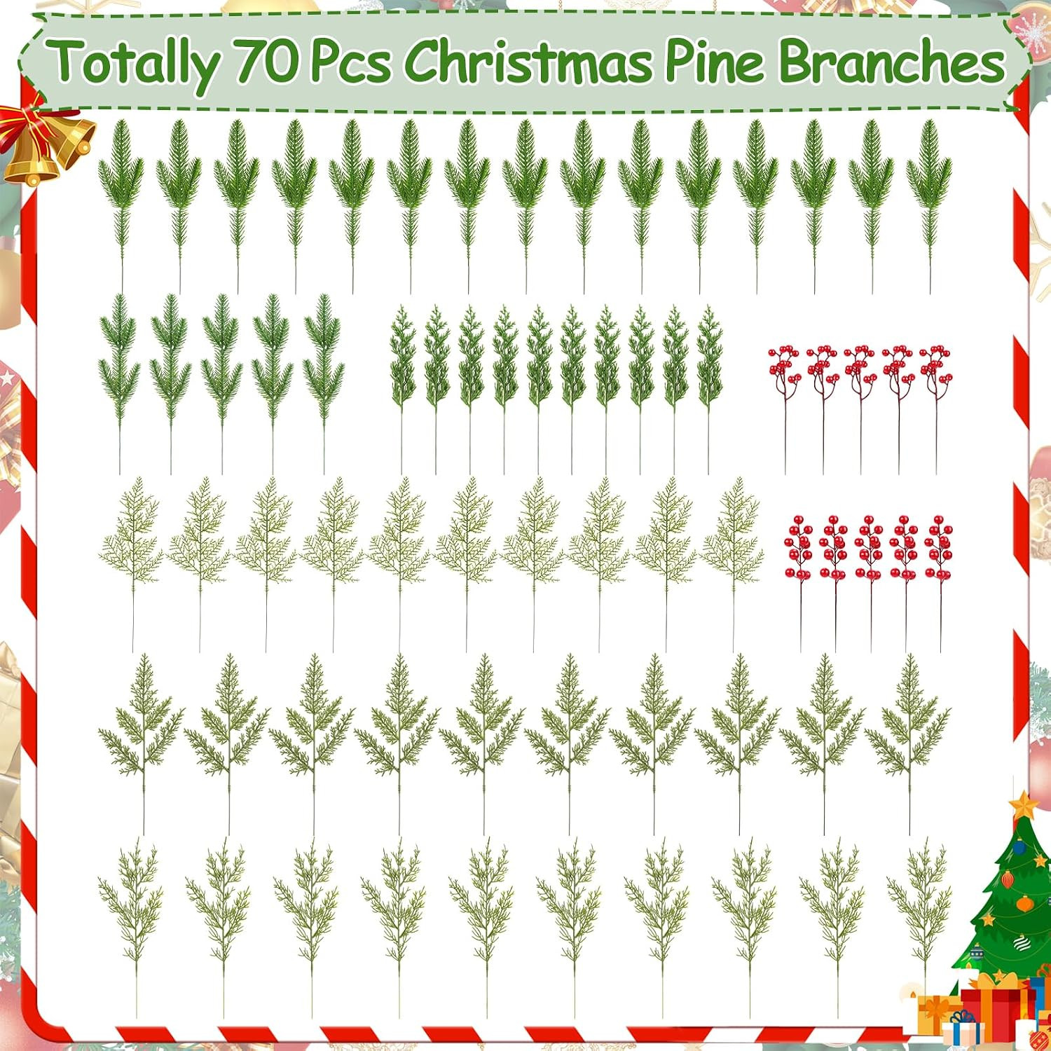 70 PCS Artificial Pine Branches with Berries, Christmas Greenery Fake Pine Needl