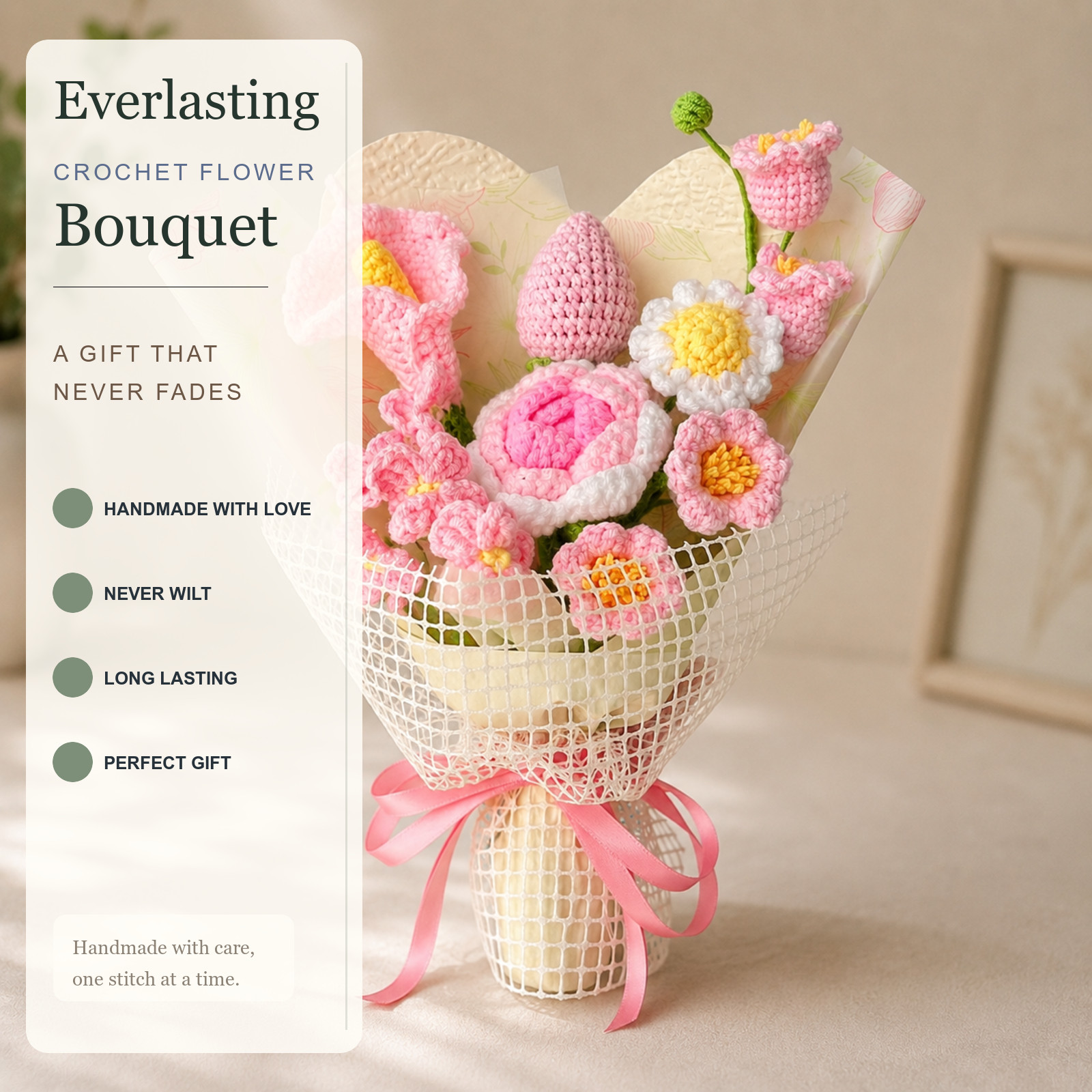 Blush Pink Rose Lily Crochet Bouquet Birthday Gift Home Decor