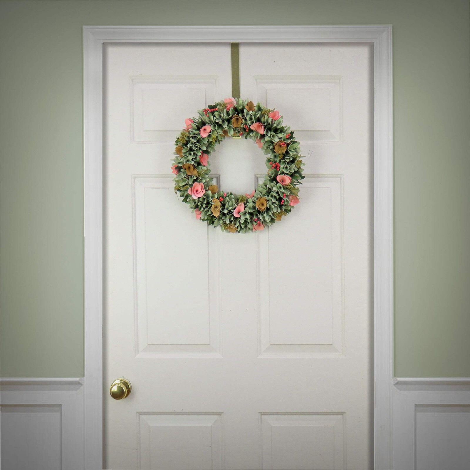 18 in. Spring Wreath with Pink and Brown Assorted Wood Cut Flowers, Flowing Gree