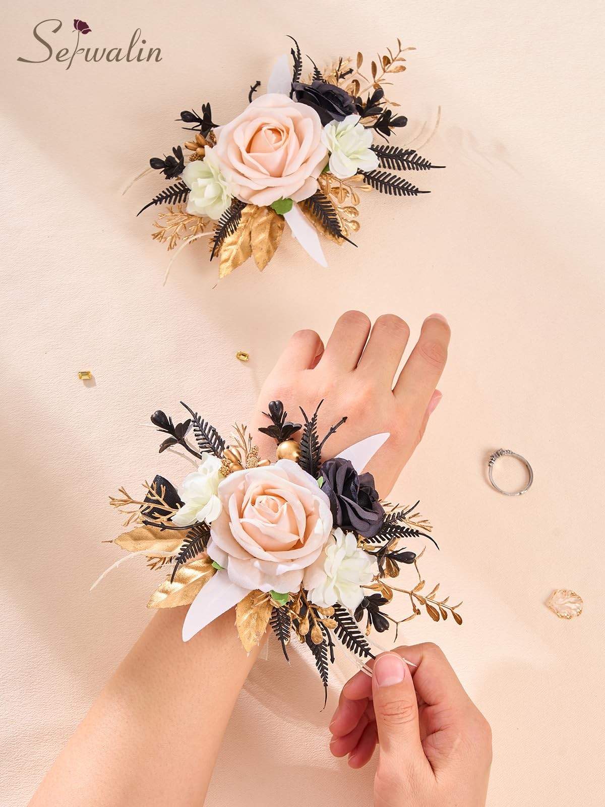 2Pcs Corsage and Boutonniere Set,Black Gold and Champagne Rose Corsage Wristl…