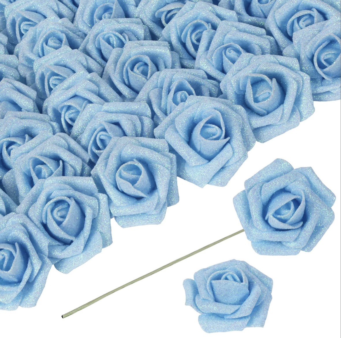 Light Blue Glitter Roses,Artificial Flowers With Stems, DIY Bridal,Foam,Decor