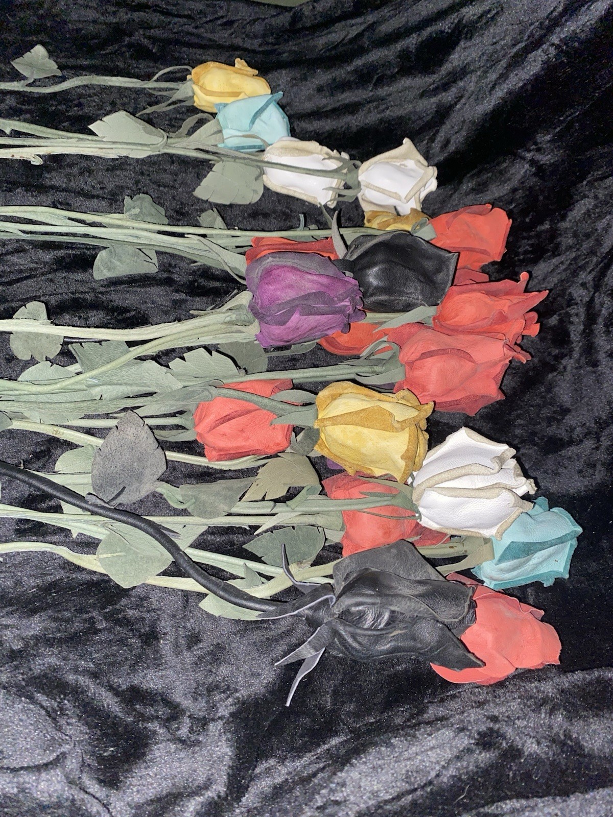 Vintage Handcrafted artificial leather roses in assorted colors with green stems