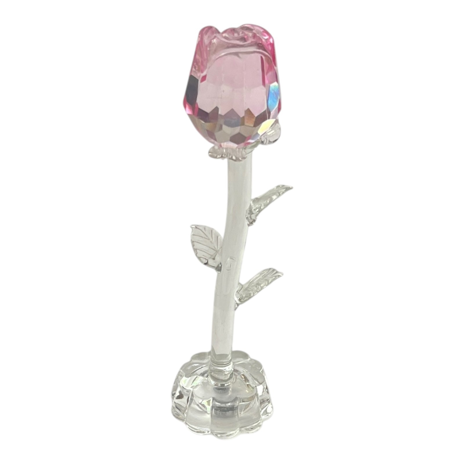 7.5″ Pink Crystal Glass Rose Figurine Closed Bud Long Stem Flower Sculpture