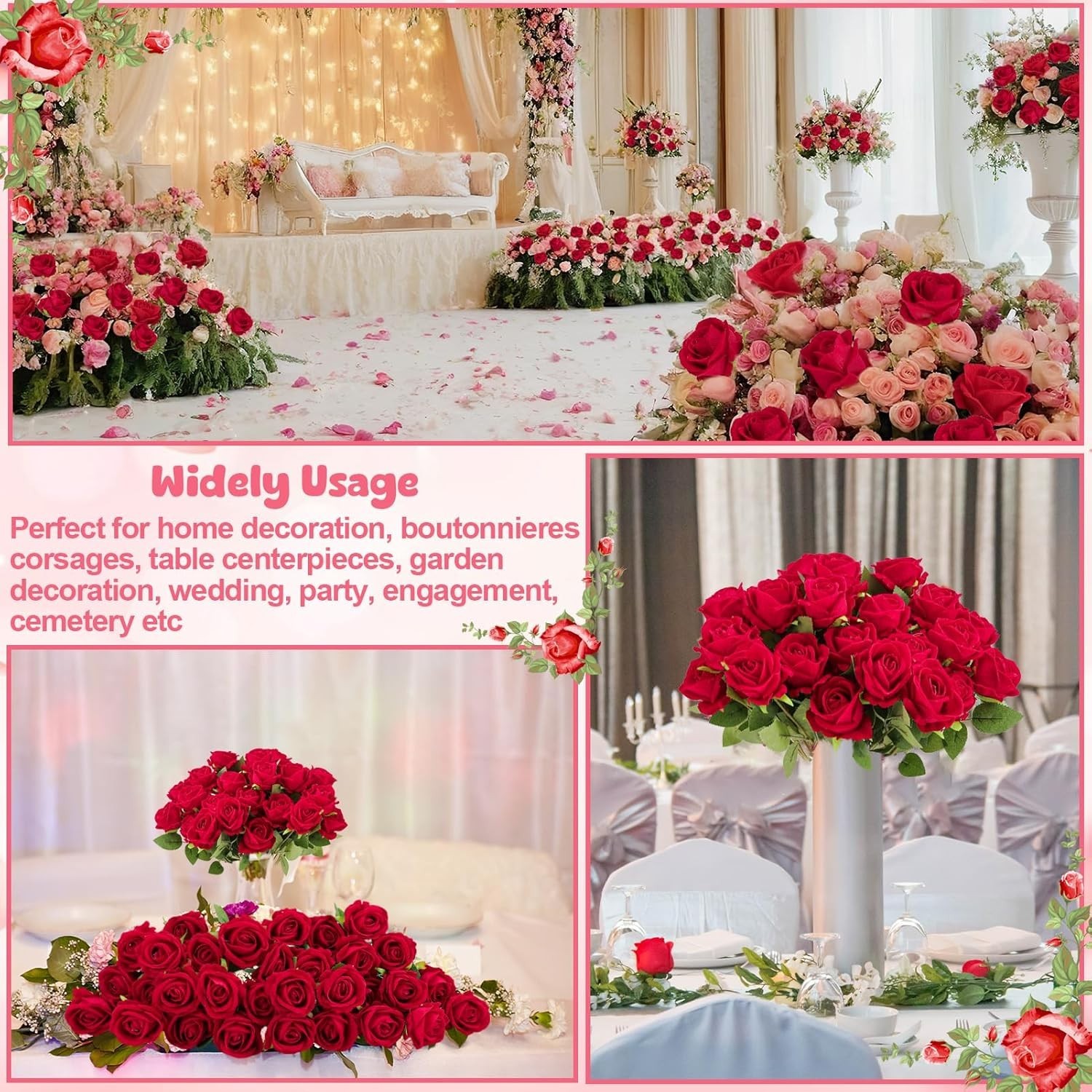 Realistic Red Rose Bouquet 36 Pcs Velvet Silk Flowers for Event Centerpieces