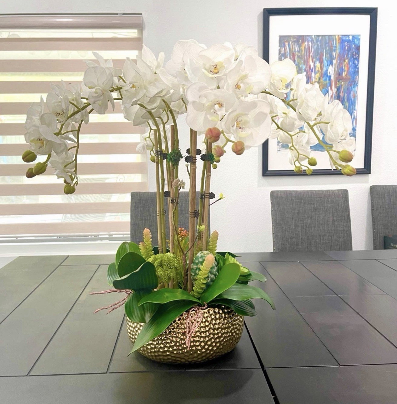 Artificial White Orchid Flower Arrangement & Centerpiece in Gold Bowl, Plastic