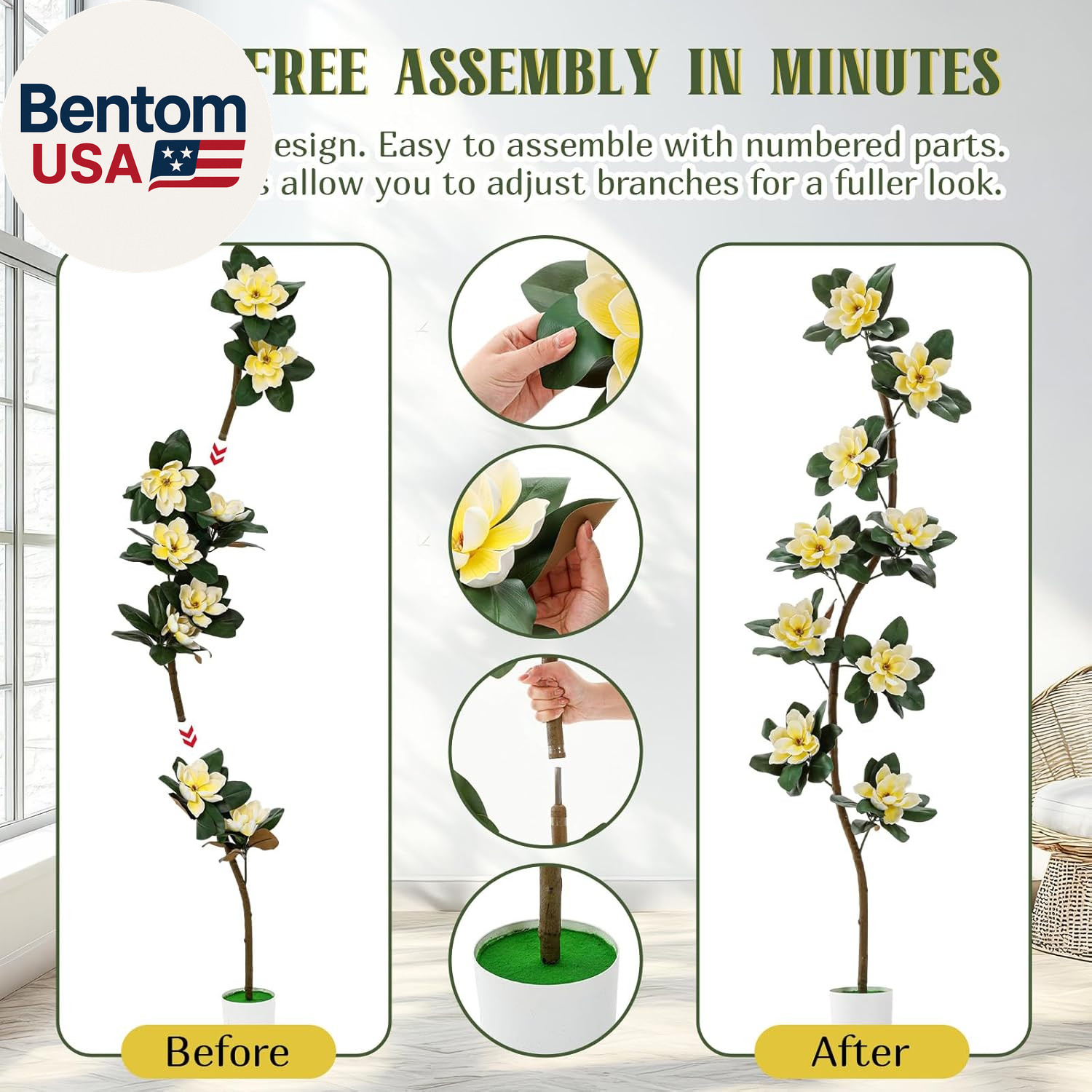 7 Ft Artificial Rubber Tree with 9 Magnolia Flowers in Pot Extra Tall Faux Magno