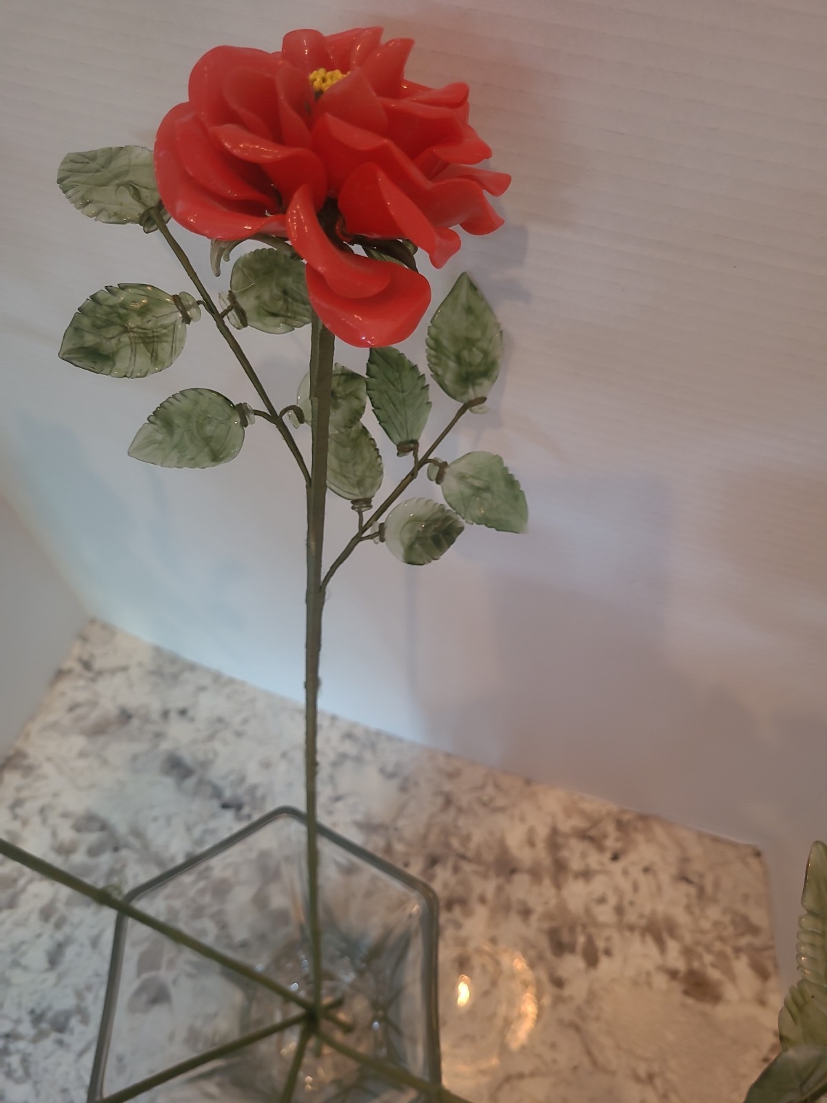 5 Vintage Porcelain Flowers With Plastic Stems Red Orange 25″ Long Stem
