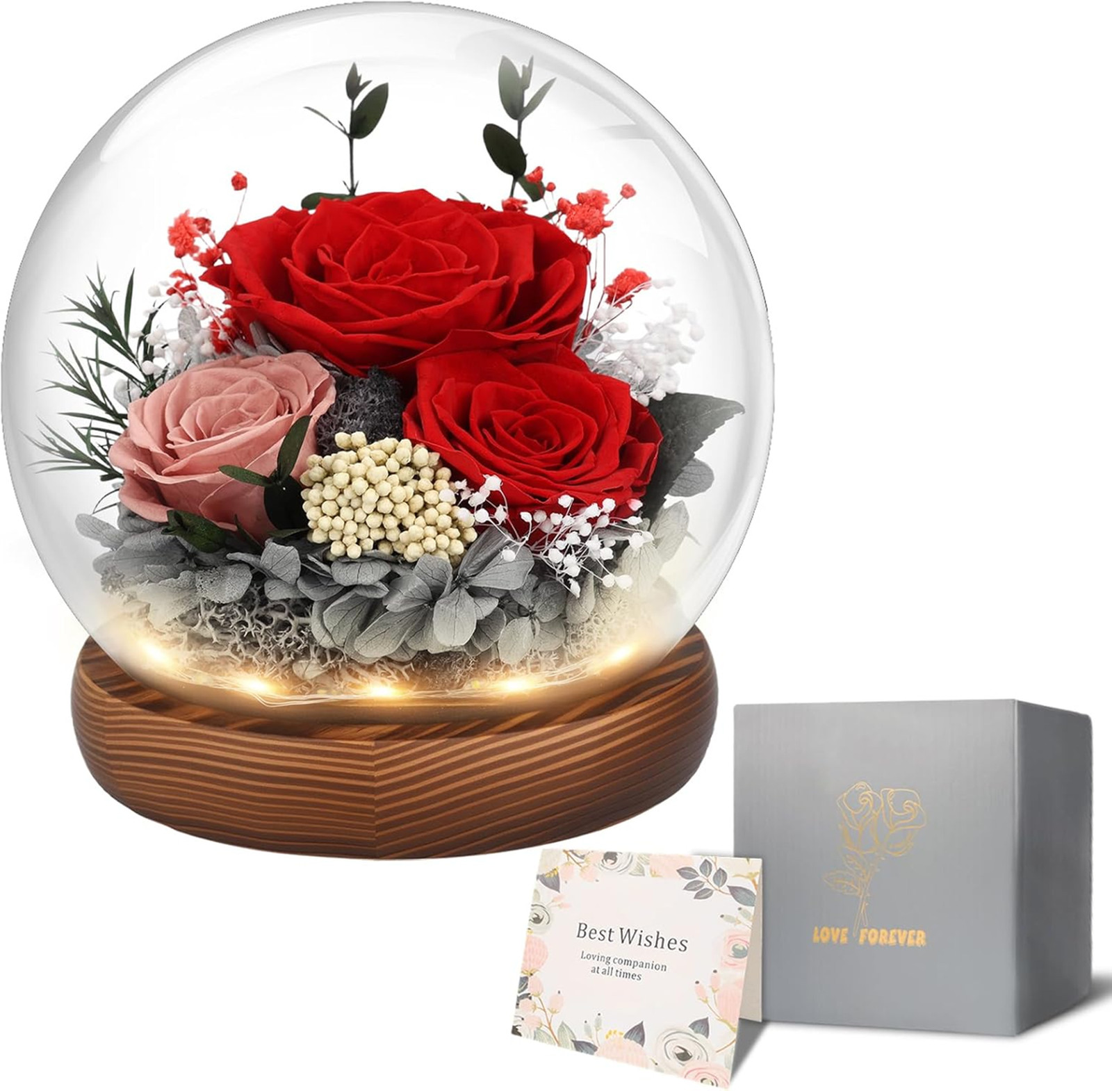 Preserved Flowers for Delivery, Eternal Rose with LED Glass Dome, Gifts for Mom