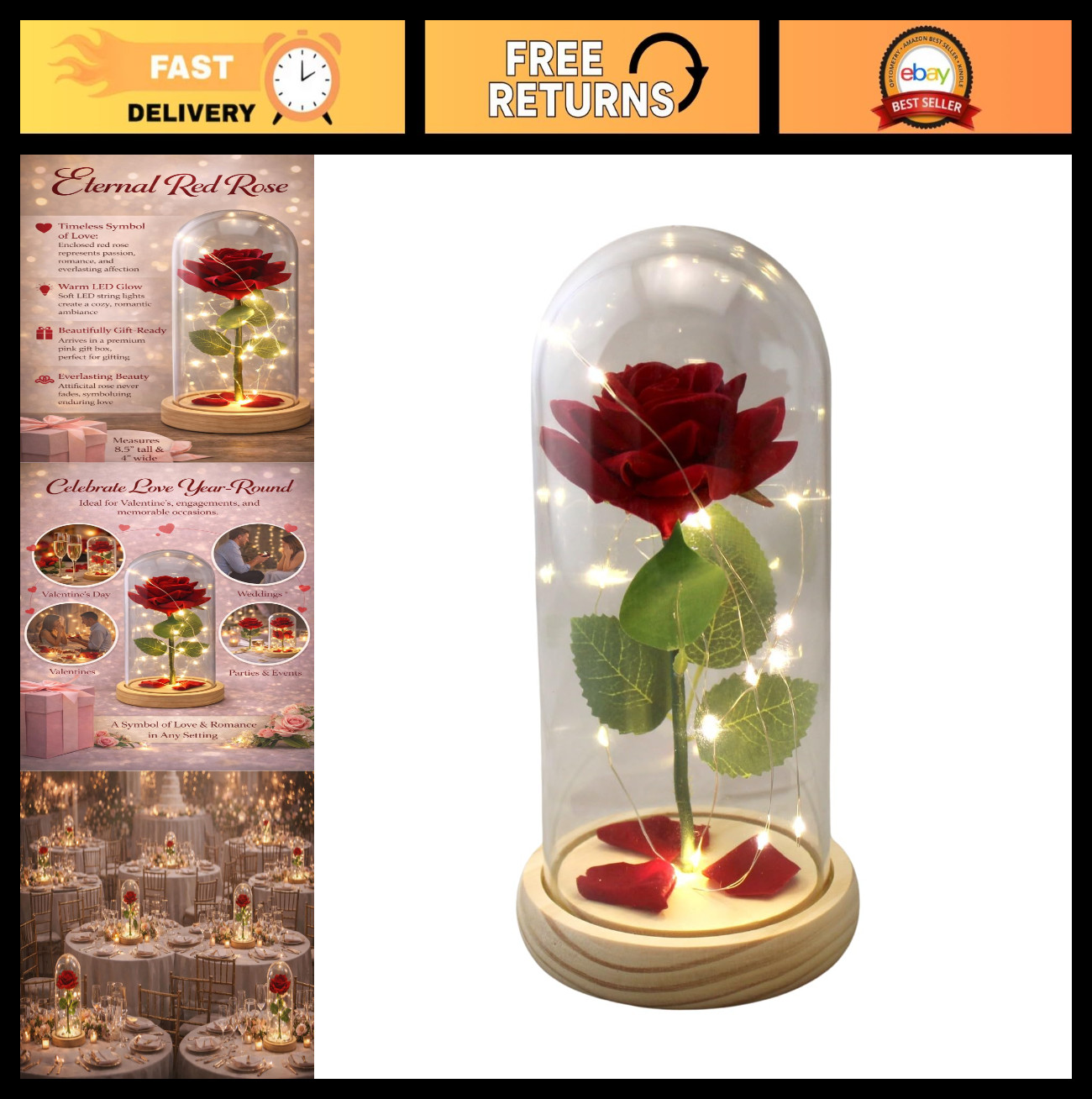 Eternal Red Rose in Glass Dome with LED Lights – Romantic Gift for Women, Annive