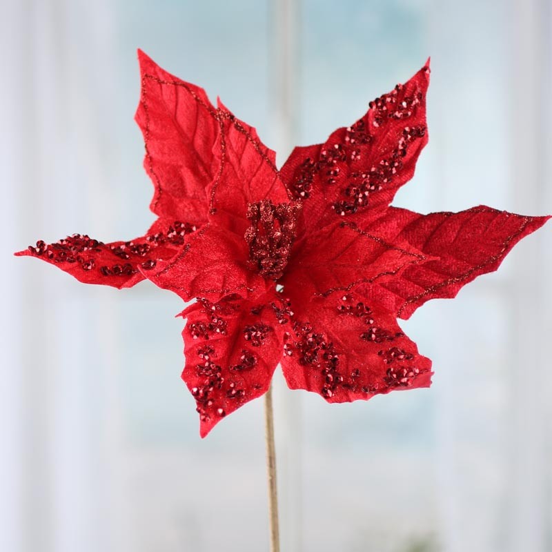 Pair of Sparkling Red Velvet Artificial Poinsettia 12″ Picks