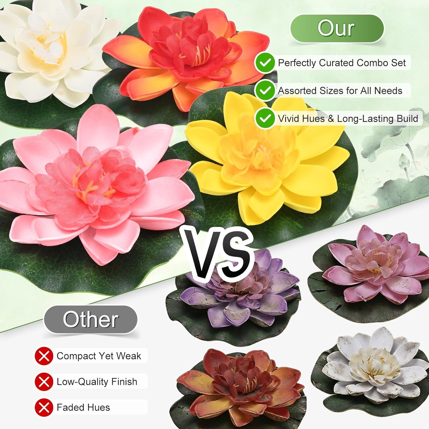 1-Set Artificial Floating Foam Lotus Flower with Water Lily Pad, 4 Inch Fake Lot