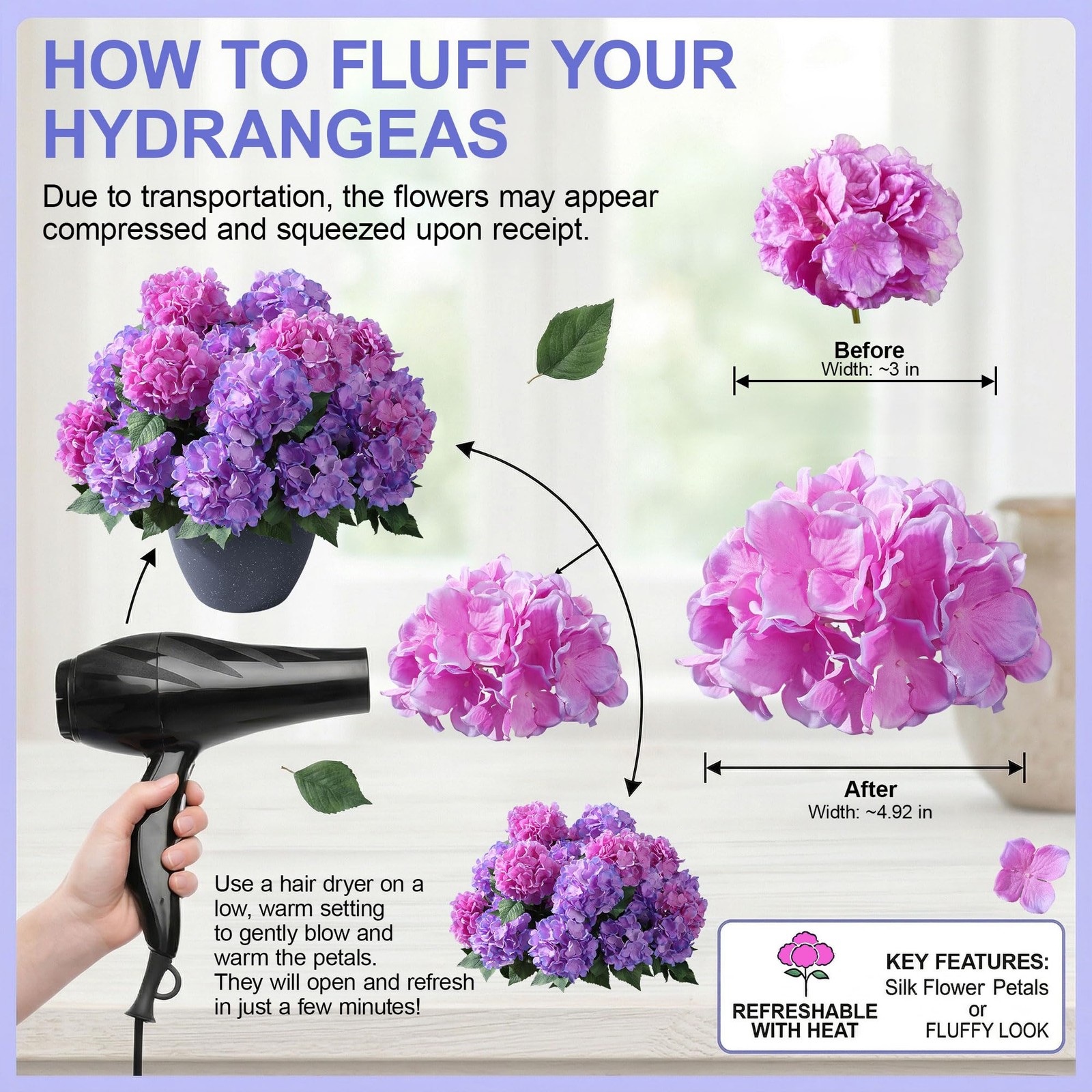 Artificial Flowers for Outdoors, 4 PCS Purple Fuchsia Fake Silk Hydrangea Flo…