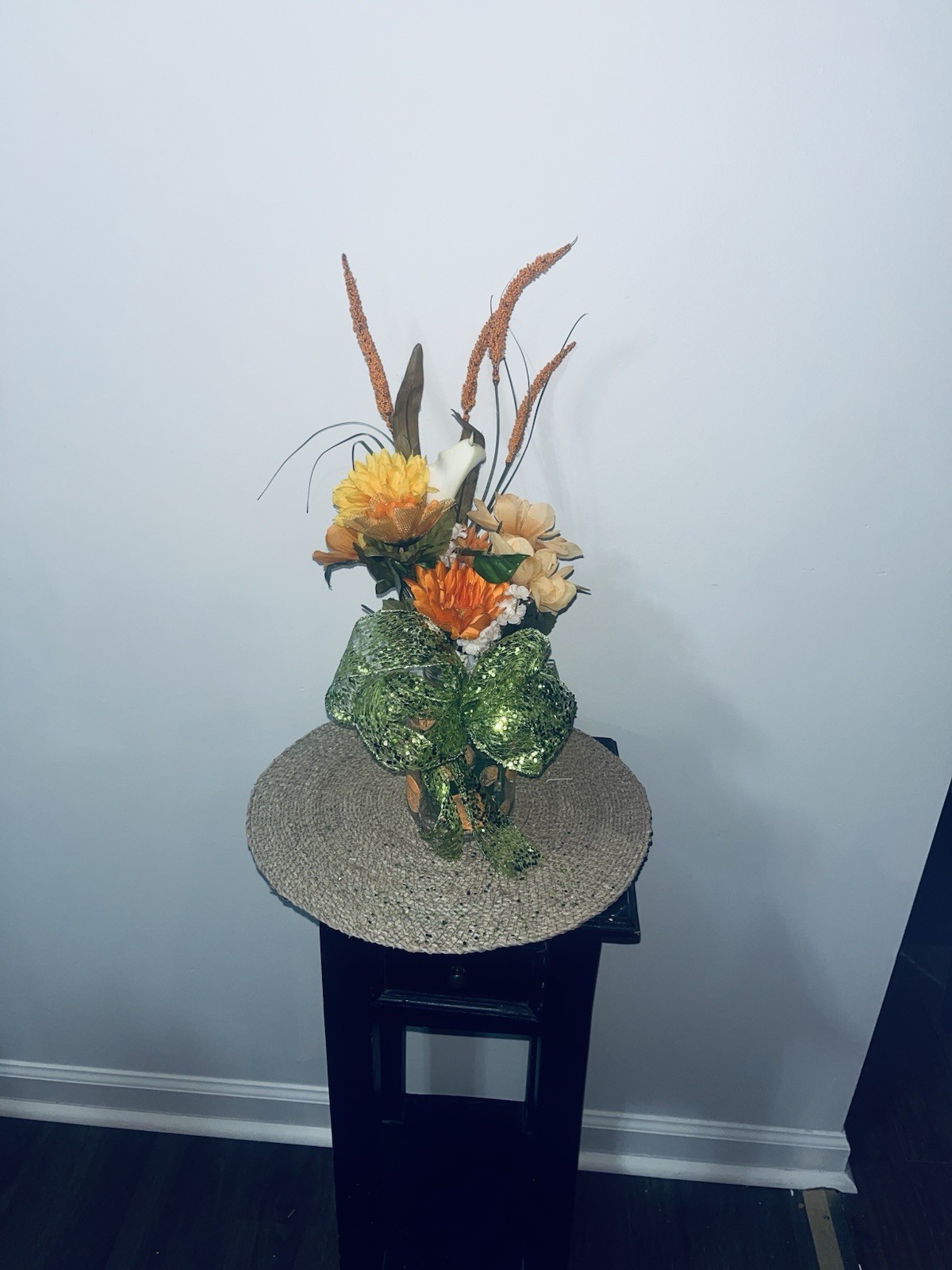 Artificial Calla Lily Centerpiece Arrangement w/ Green Bow, Orange Yellow