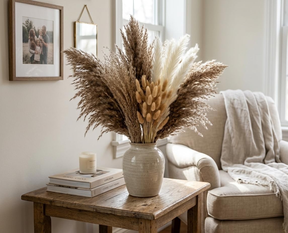 100 Stems Dried Pampas Grass, Boho Table Decor Natural Reed Phragmites Grass,…