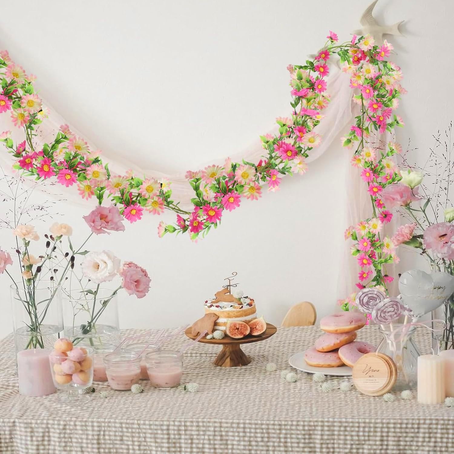 6.5ft Silk Flower Garland Pink Wildflower & Artificial Daisy Vine with 88 Blo…