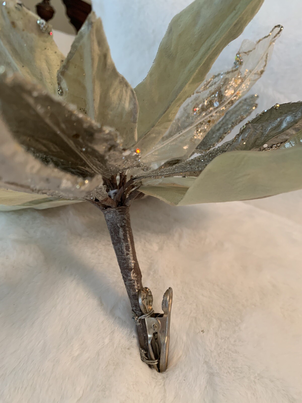 XL 18” Poinsettia Cluster Clip Decor Platinum Jeweled Glitter Christmas Wedding