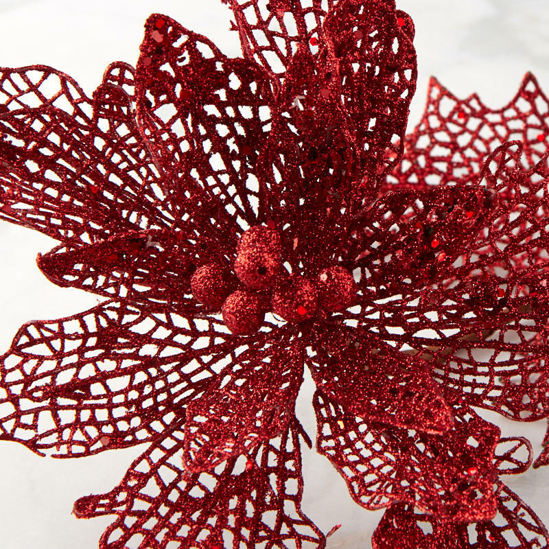 Red Glitter Lace Poinsettia Stem | 2 Pieces