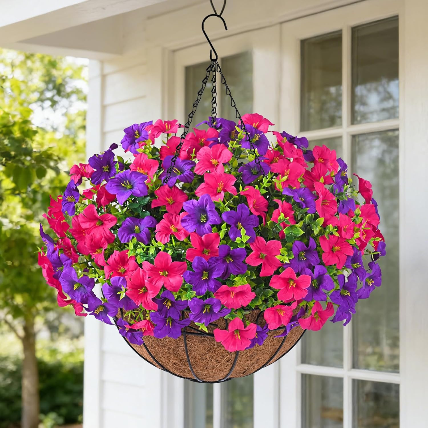 Realistic Artificial Hanging Flowers for Outdoors with Basket, 2 Set Large Size