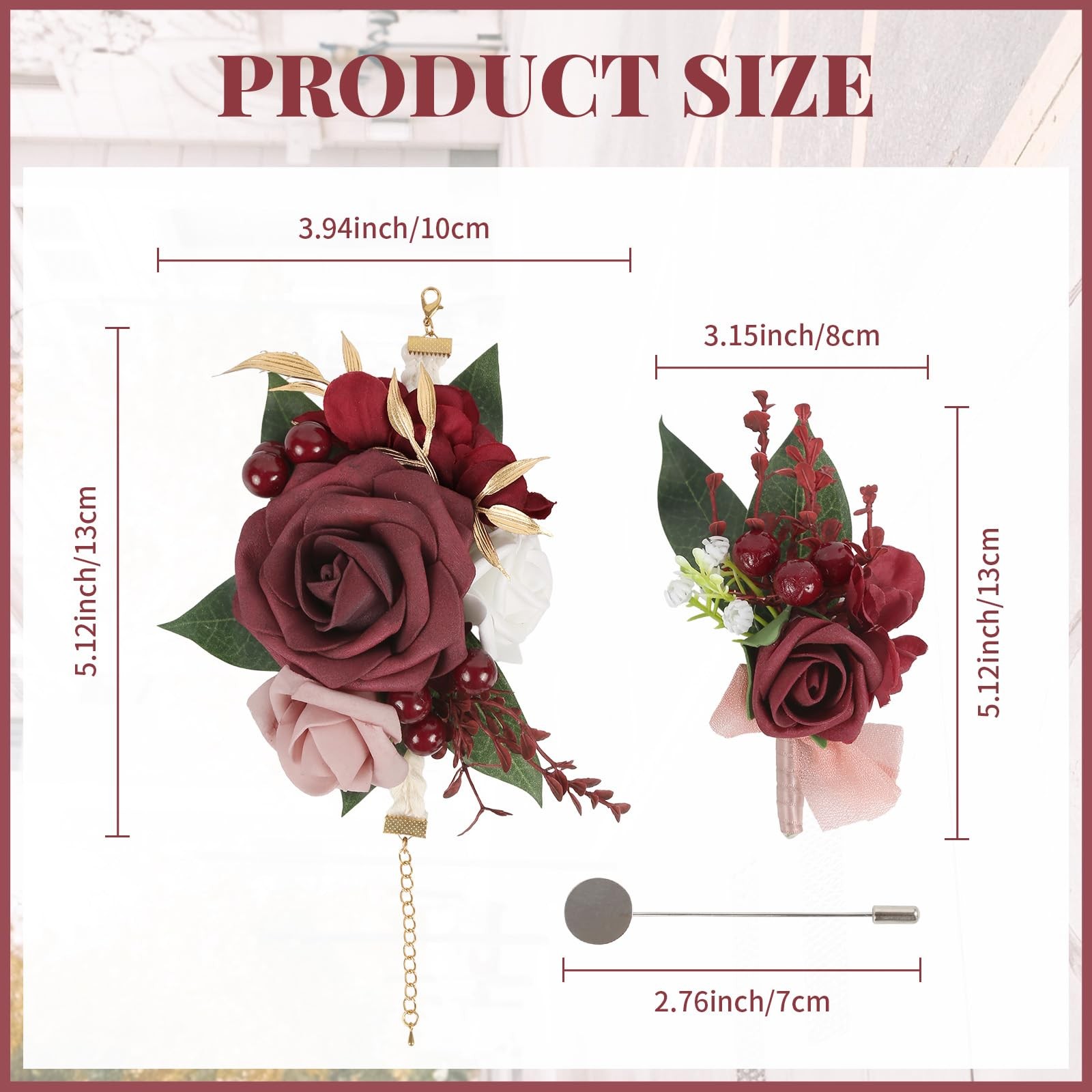 2 PCS Burgundy Rose Wedding Corsage And Boutonniere Set For Men Women Prom