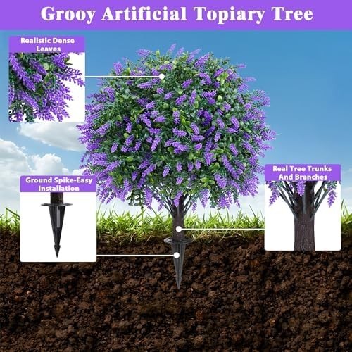 Artificial 28.7 Inches Cedar Topiary Trees with Ground Spike, 2 Pieces Fake Pine