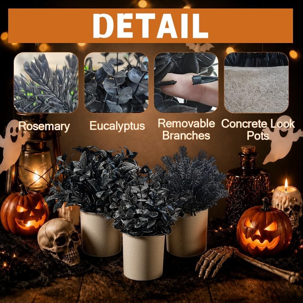 Halloween Fake Plants 3Pcs Mini Potted Eucalyptus Rosemary Artificial Home Decor