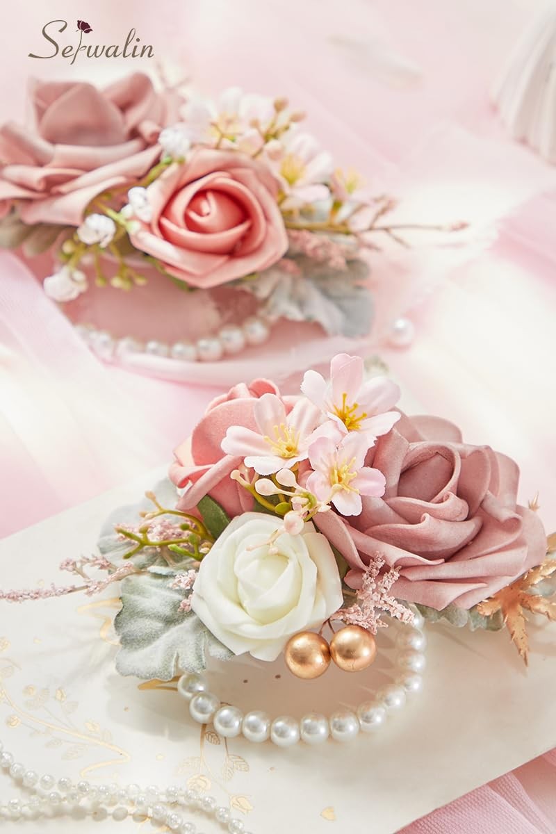 2 PCS Wrist Corsage 6-7 Inch Dusty Pink Artificial Flowers Fits Wedding