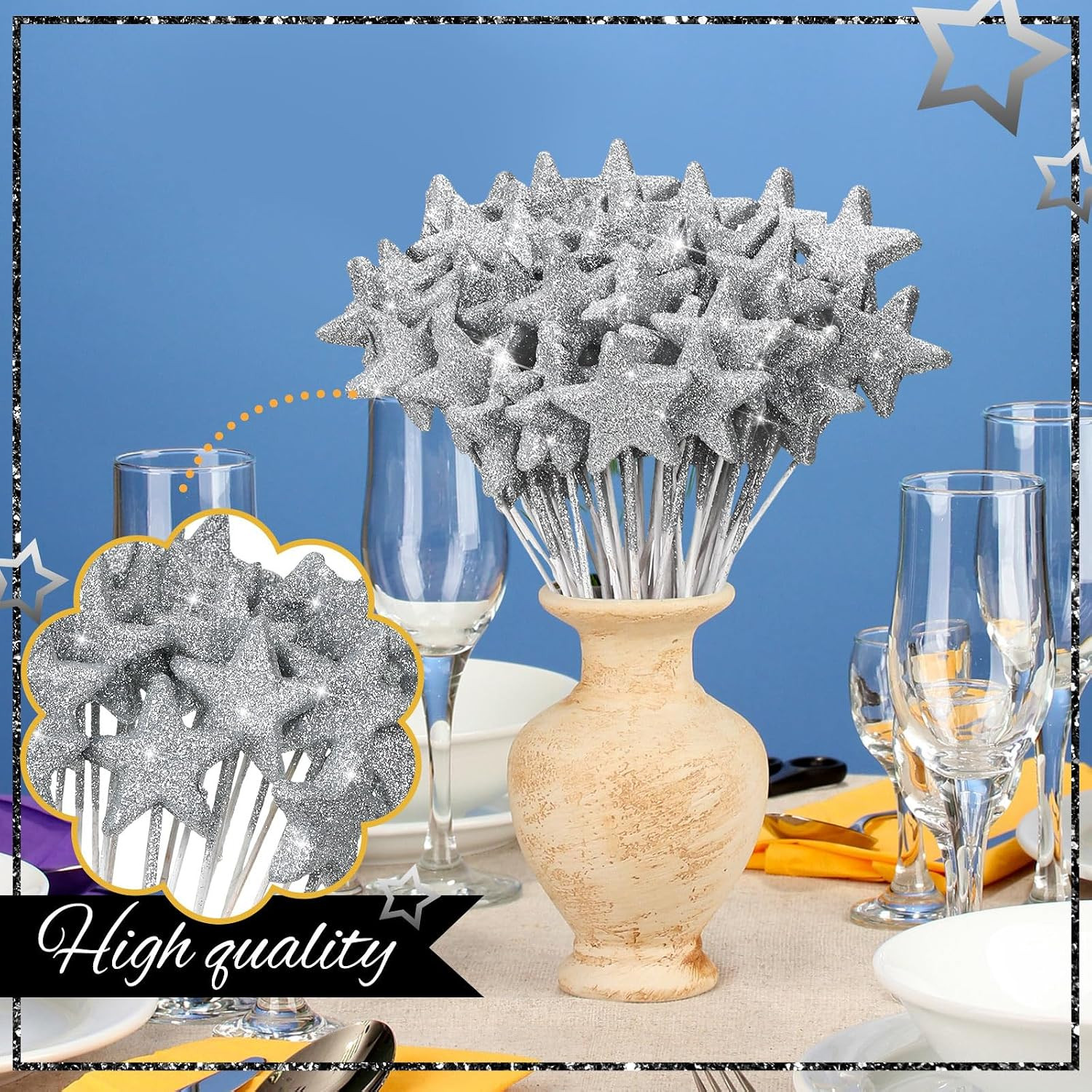 60 Pcs Silver Star Floral Picks 8” Glitter Silver Star Centerpiece Table Decor