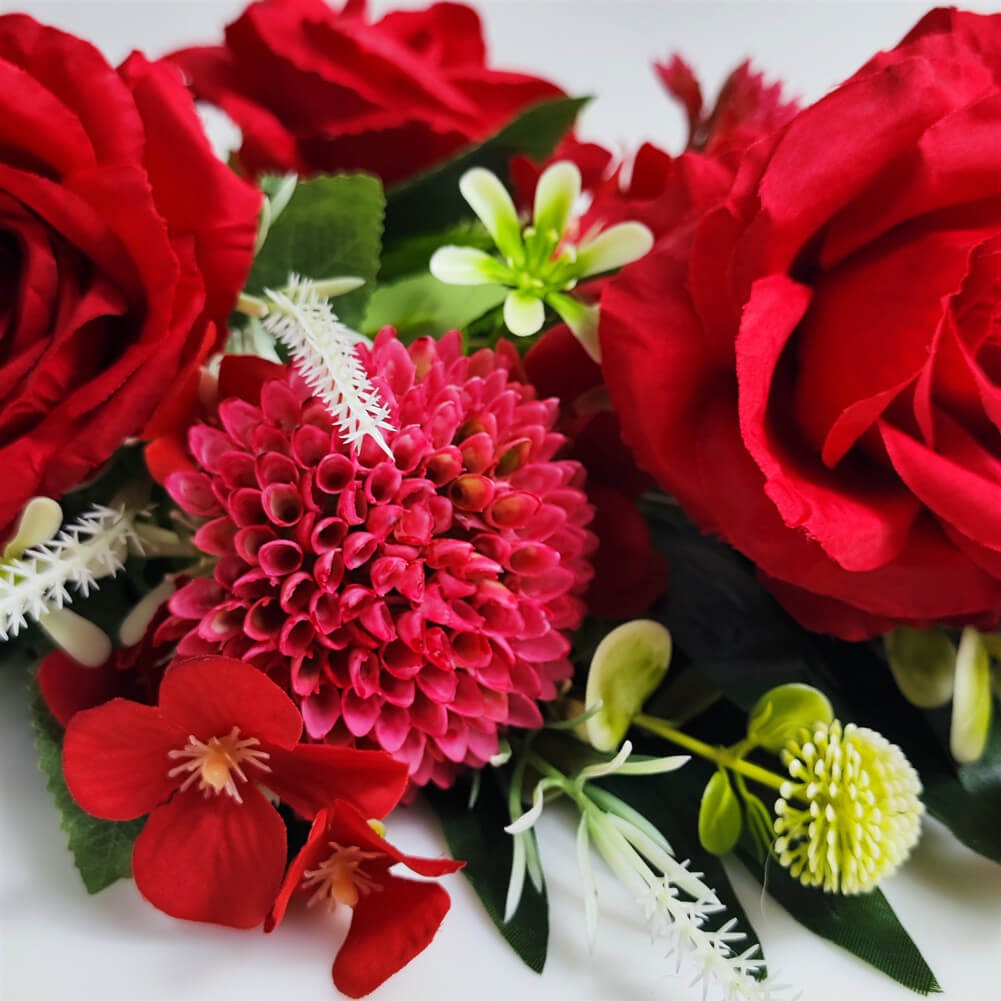 Red Roses Artificial Cemetery Flowers in Vase – Memorial Grave Headstone Decor