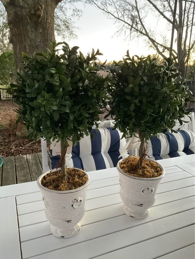2 Artificial Plant Boxwood Topiary Tree Ball Shaped Distressed Ceramic Pot