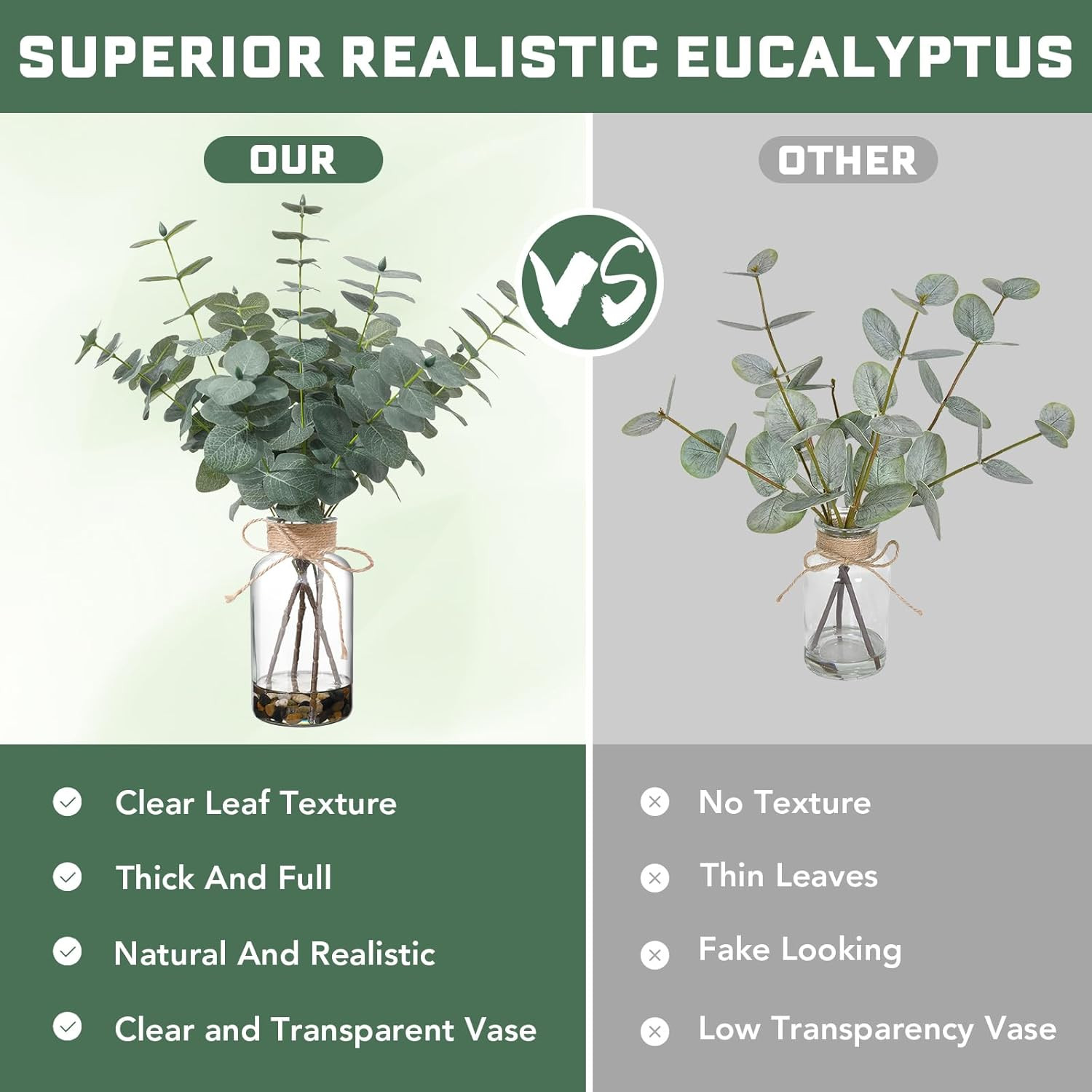 15.74” Artificial Eucalyptus Stems in Glass Vase with Faux Water & Natural Stone