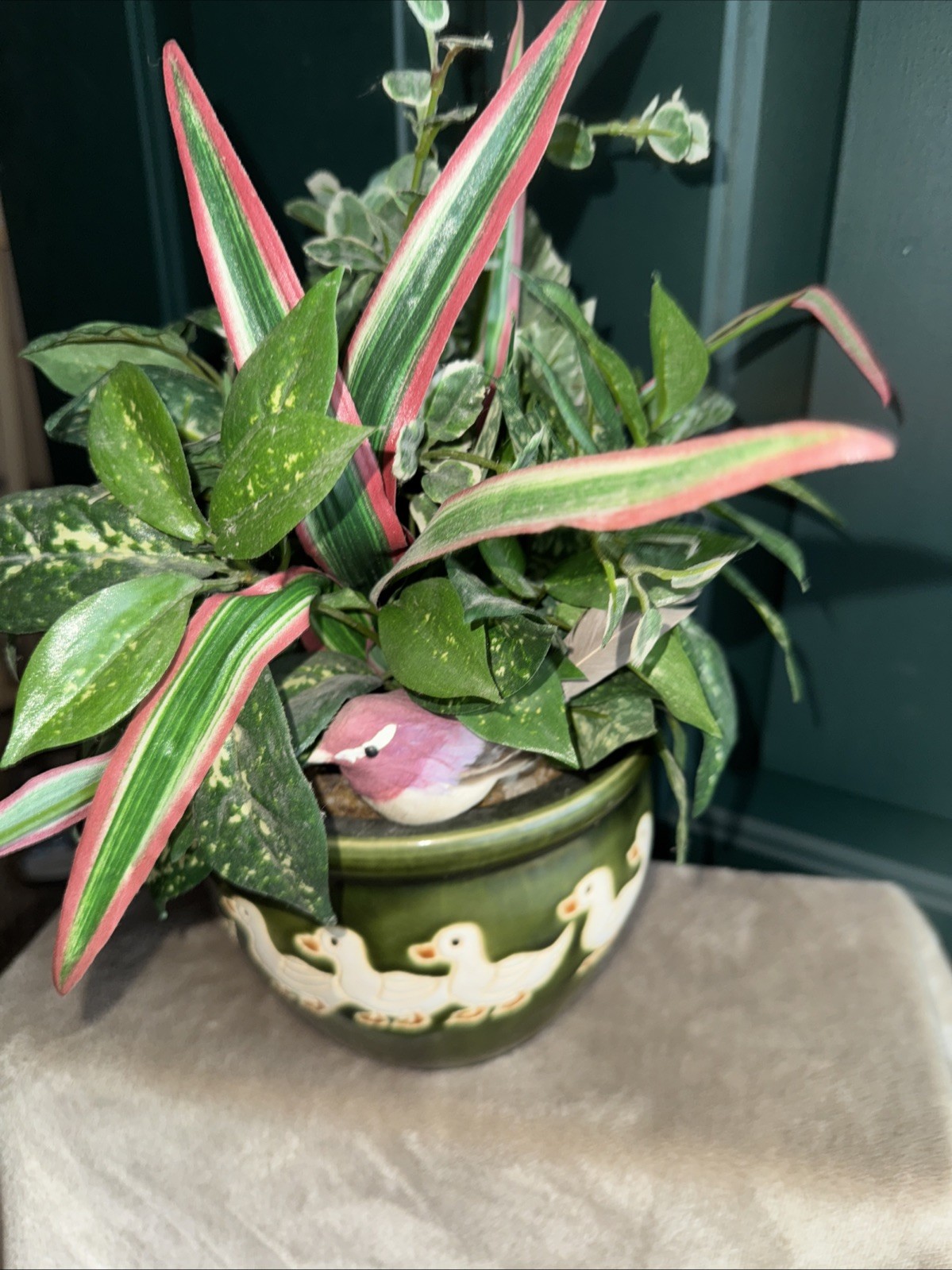 Vintage green ceramic pot featuring a pattern of ducks W/ Artificial Greenery