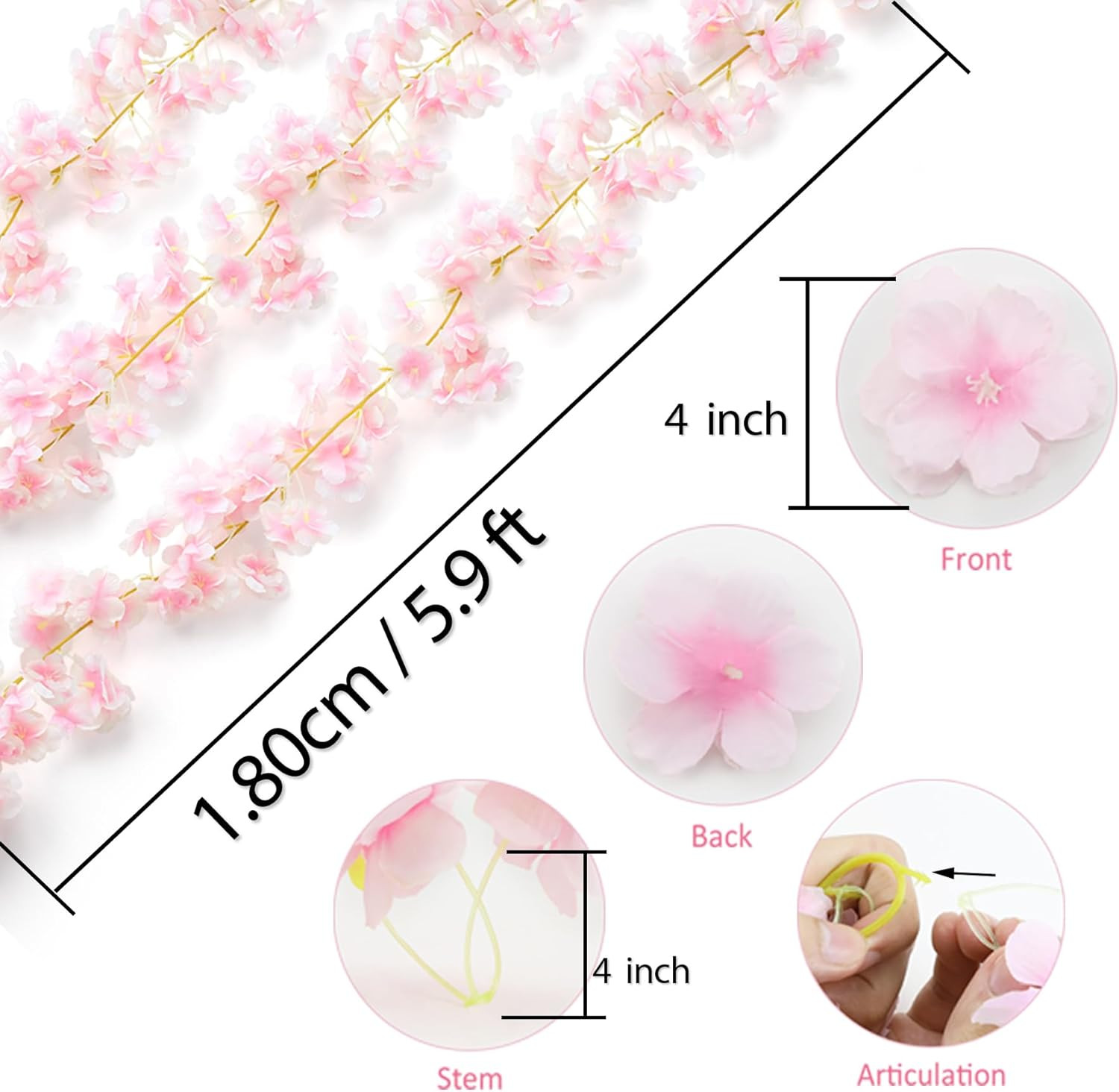 6PC 35.4FT Cherry Blossom Flowers Garland for Spring Decoration Artificial Pink