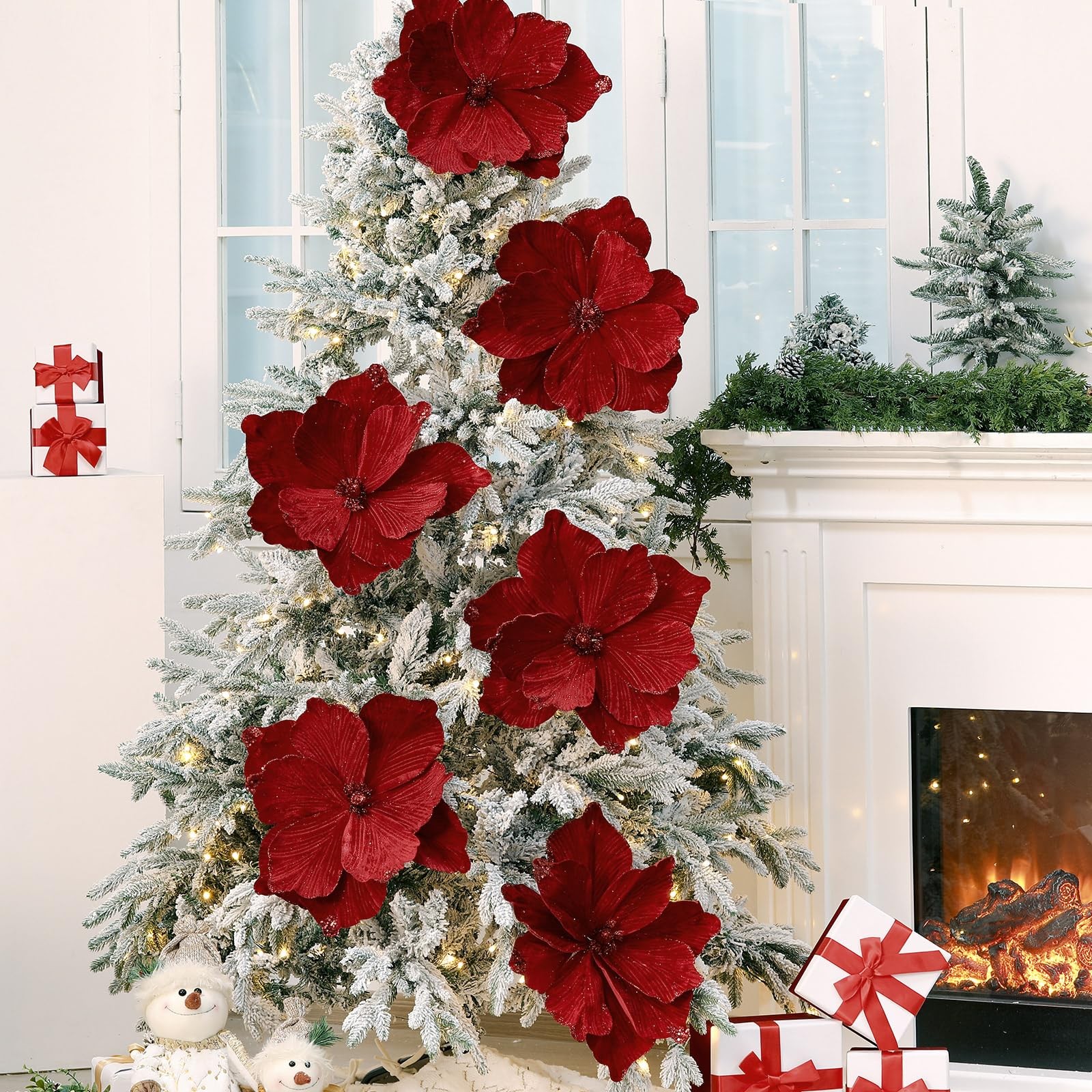 6 PCS Burgundy Large 16 Inch Magnolia Flowers Christmas Tree Decoration