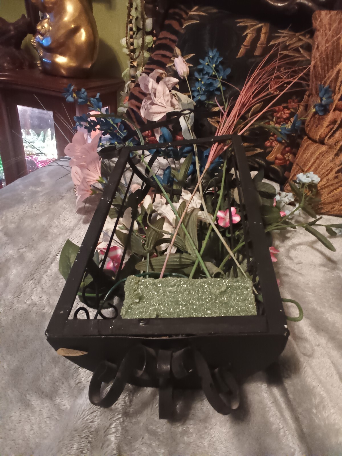 Large HODA black Iron metal half cage wall artificial flower arrangement.