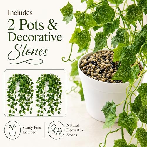 36in Fake Pothos Hanging Plants 2 Pack White Pots Artificial Ivy 168 Leaves