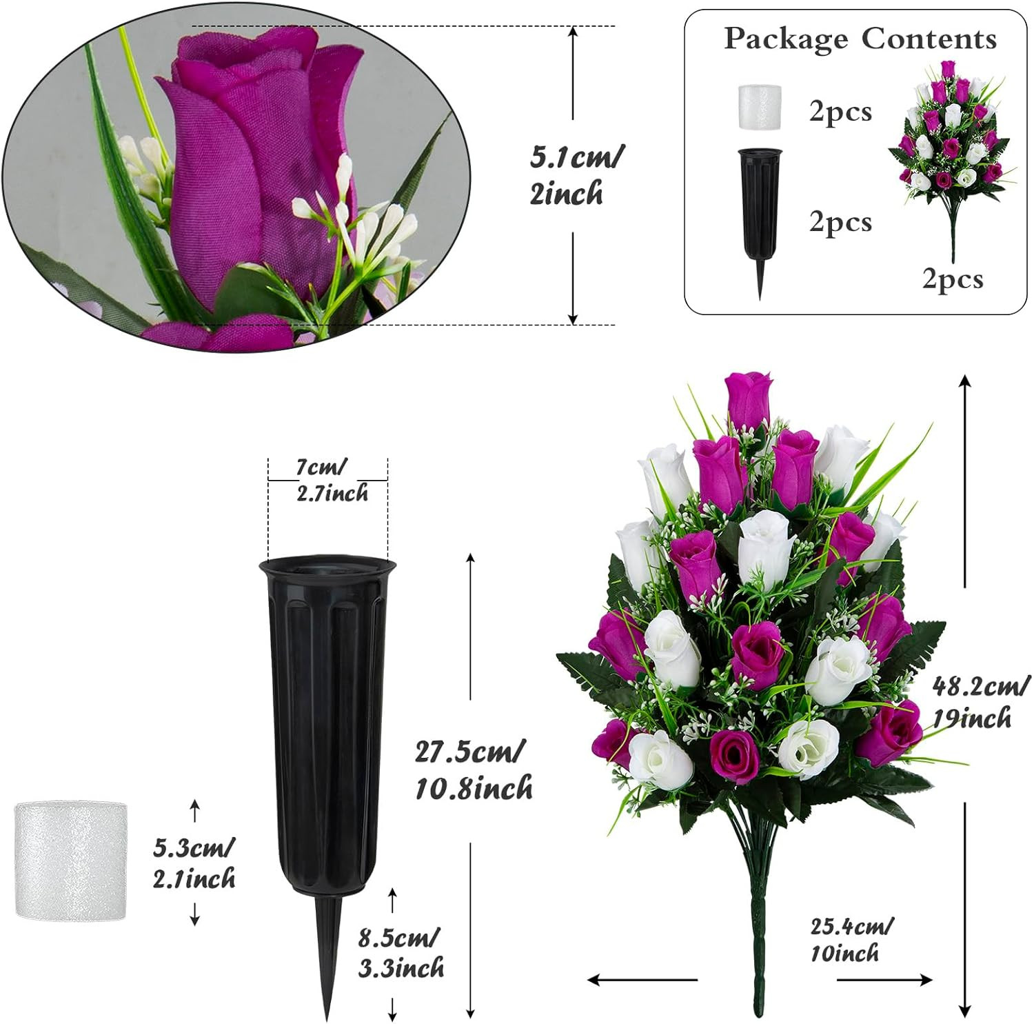 2 Sets Artificial Cemetery Flowers, Grave Decorations Roses, Memorial Flowers Bo